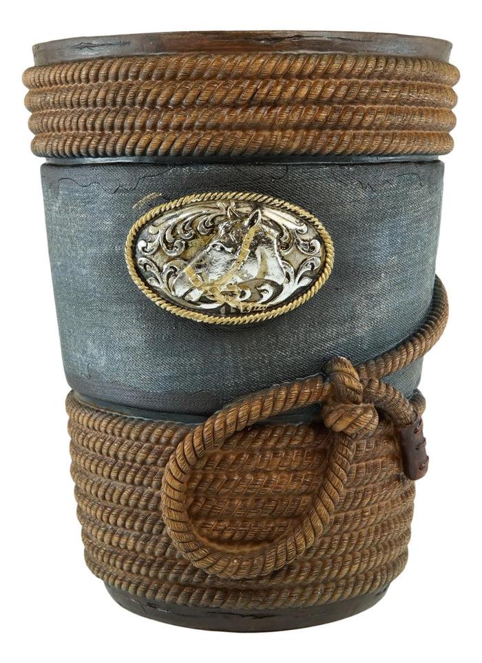 Ebros Gift Rustic Western Cowboy Ropes Horse Concho W/ Denim Finish Waste Basket Trash Bin
