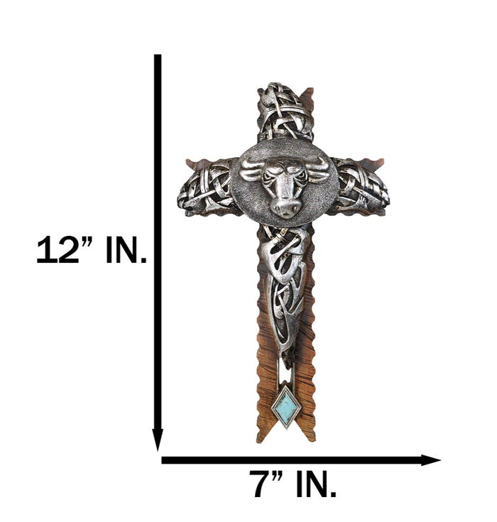 Ebros Gift Rustic Western Cowboy Silver Concho Bull Cow With Tooled Knotwork Wall Cross