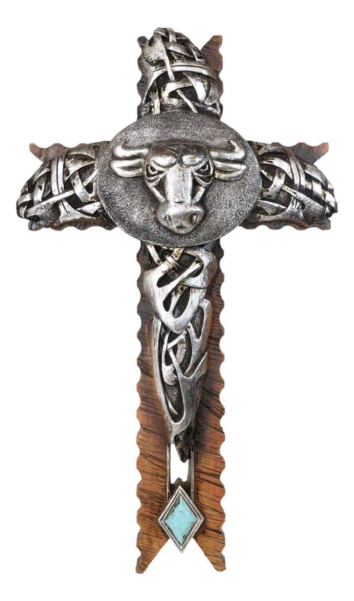 ebros gift Rustic Western Cowboy Silver Concho Bull Cow With Tooled Knotwork Wall Cross