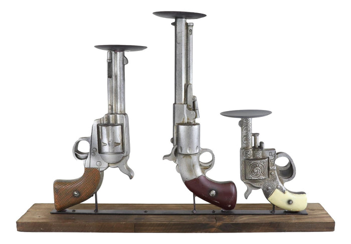 Ebros Gift Rustic Western Cowboy Triple Six Shooter Revolver Pistol Guns Candle Holders