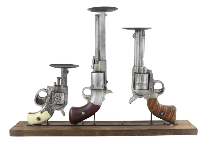 Ebros Gift Rustic Western Cowboy Triple Six Shooter Revolver Pistol Guns Candle Holders