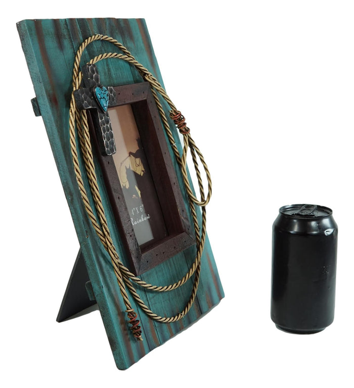 Ebros Gift Rustic Western Cowboy Turquoise Barn Wood With Lasso Rope And Cross Photo Frame