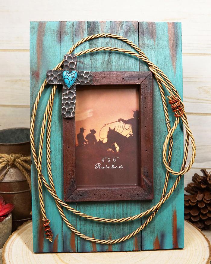 ebros gift Rustic Western Cowboy Turquoise Barn Wood With Lasso Rope and Cross Photo Frame