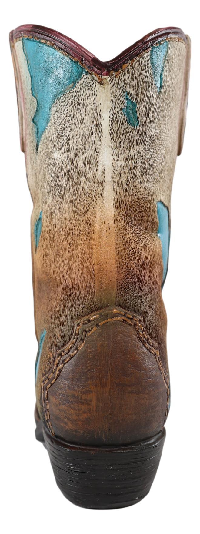 Ebros Gift Rustic Western Cowboy Turquoise Cowhide Pattern Boot Flower Vase Planter Decor