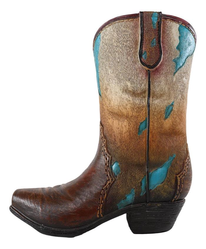 Ebros Gift Rustic Western Cowboy Turquoise Cowhide Pattern Boot Flower Vase Planter Decor