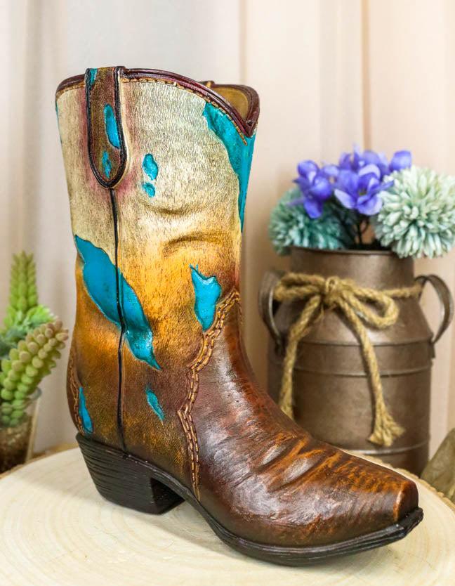 ebros gift Rustic Western Cowboy Turquoise Cowhide Pattern Boot Flower Vase Planter Decor