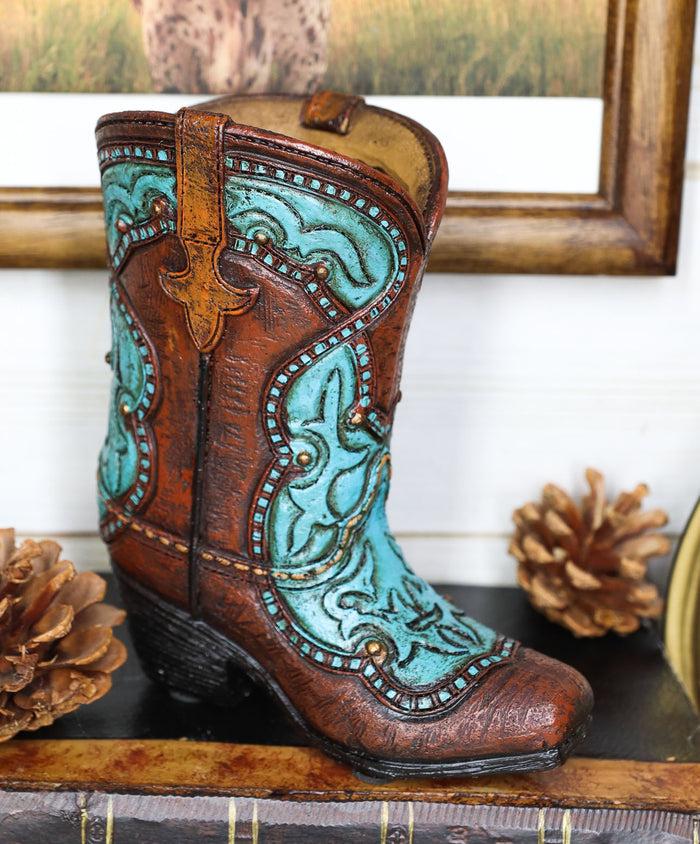 ebros gift Rustic Western Cowboy Turquoise Floral Boot Figurine Stationery Holder Figurine