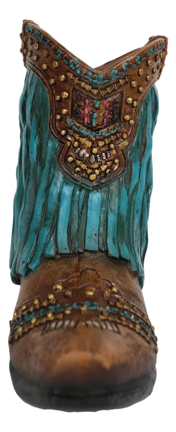 Ebros Gift Rustic Western Cowboy Turquoise Frill Fringe Faux Leather Boot Pen Holder Decor