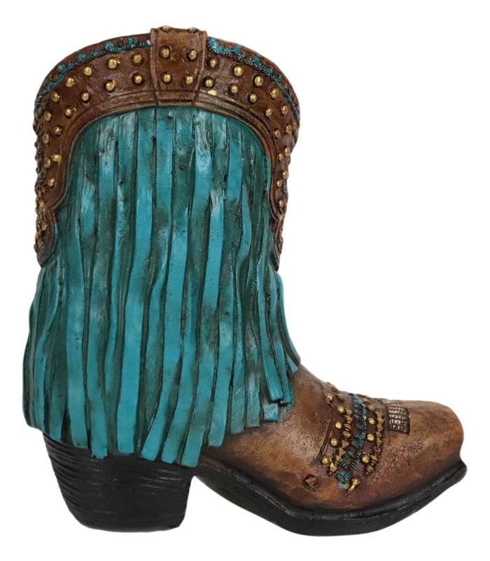 Ebros Gift Rustic Western Cowboy Turquoise Frill Fringe Faux Leather Boot Pen Holder Decor