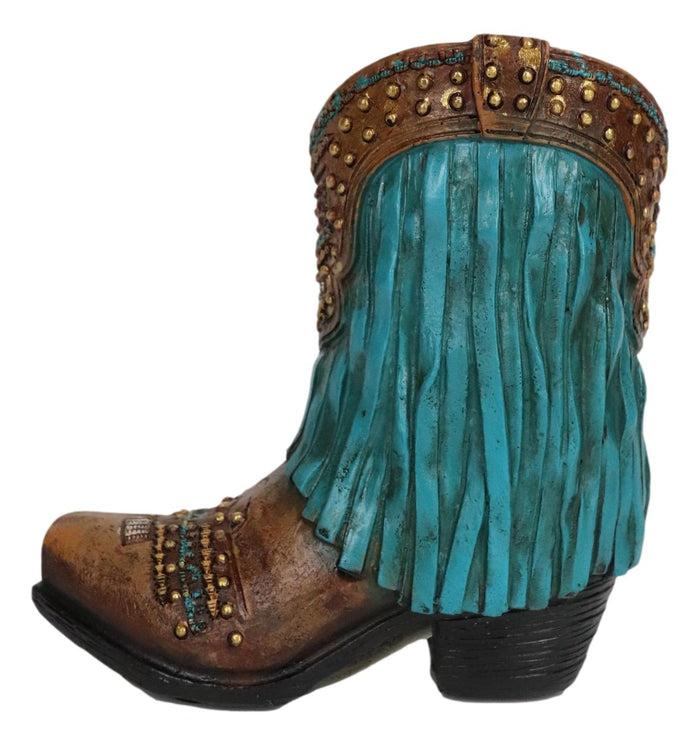 Ebros Gift Rustic Western Cowboy Turquoise Frill Fringe Faux Leather Boot Pen Holder Decor