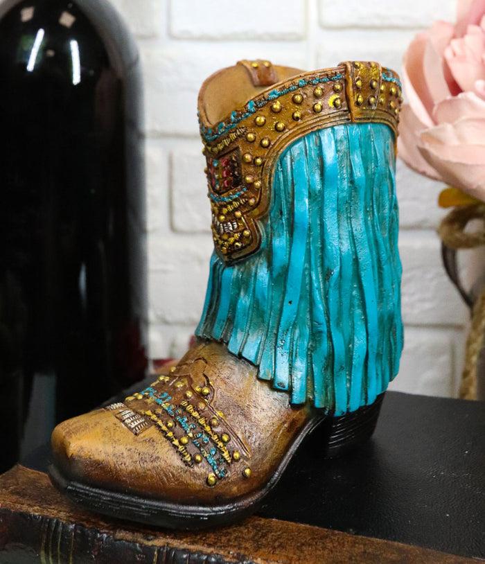 ebros gift Rustic Western Cowboy Turquoise Frill Fringe Faux Leather Boot Pen Holder Decor