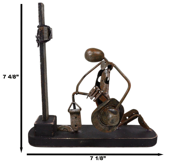 Ebros Gift Rustic Western Cowboy With Hat Kneeling By The Cross Hand Made Metal Sculpture