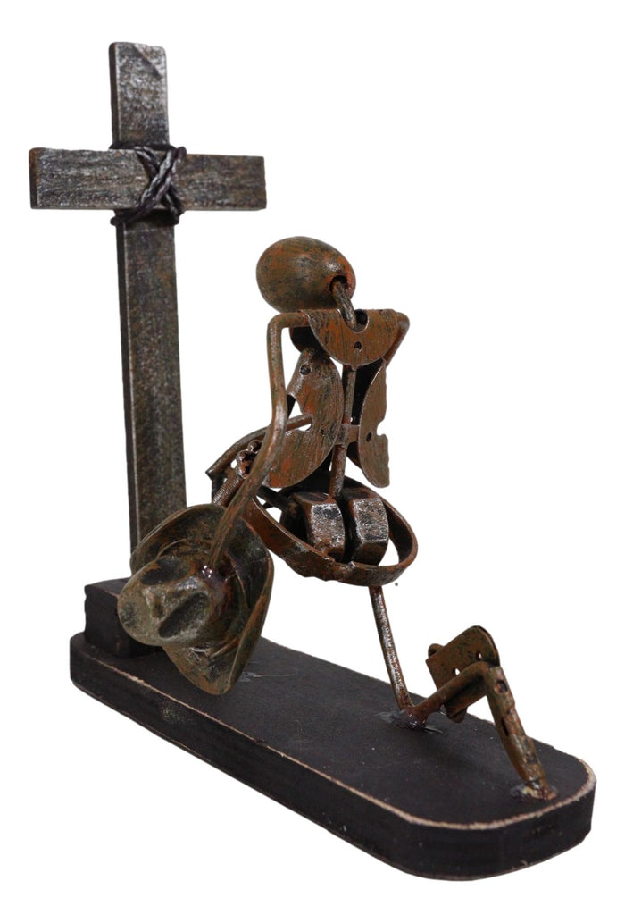 Ebros Gift Rustic Western Cowboy With Hat Kneeling By The Cross Hand Made Metal Sculpture