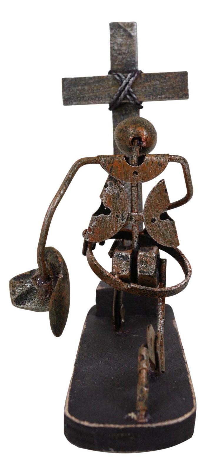 Ebros Gift Rustic Western Cowboy With Hat Kneeling By The Cross Hand Made Metal Sculpture