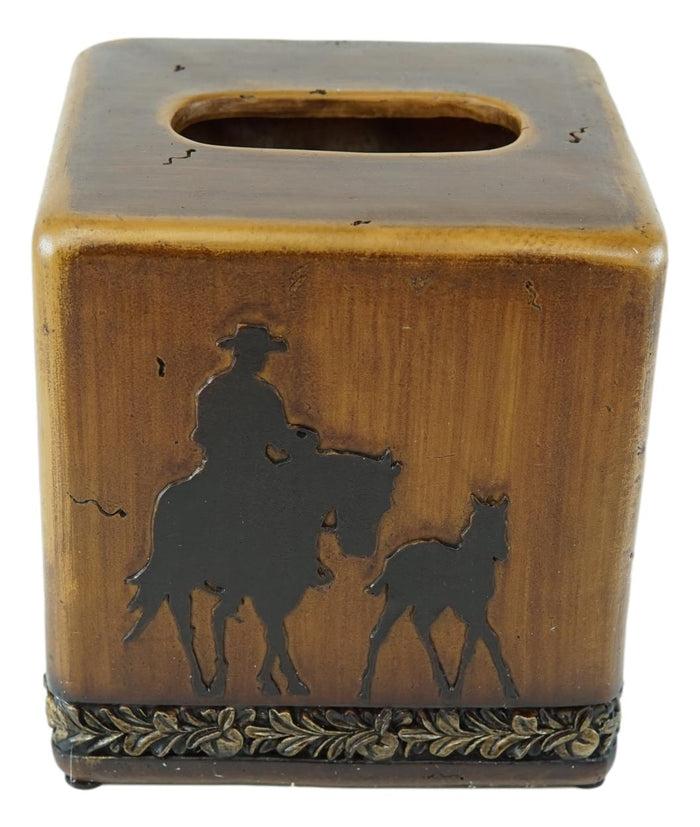Ebros Gift Rustic Western Cowboy With Horse And Foal Faux Wood Tissue Box Cover Home Decor