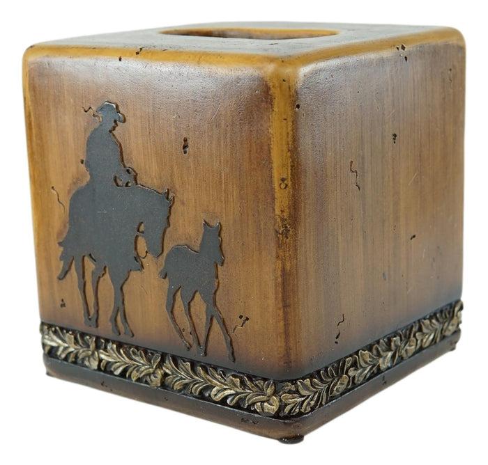 Ebros Gift Rustic Western Cowboy With Horse And Foal Faux Wood Tissue Box Cover Home Decor