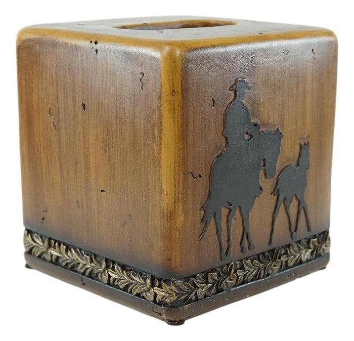 Ebros Gift Rustic Western Cowboy With Horse And Foal Faux Wood Tissue Box Cover Home Decor