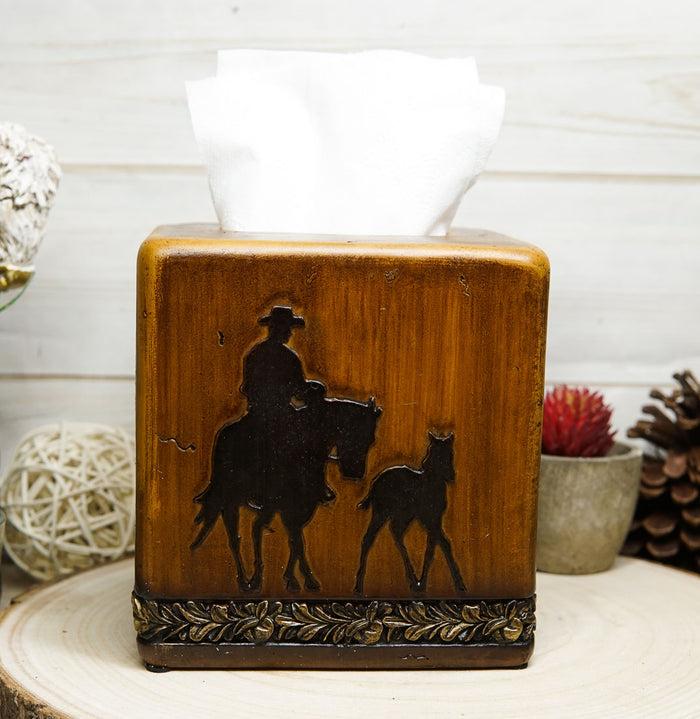ebros gift Rustic Western Cowboy With Horse And Foal Faux Wood Tissue Box Cover Home Decor