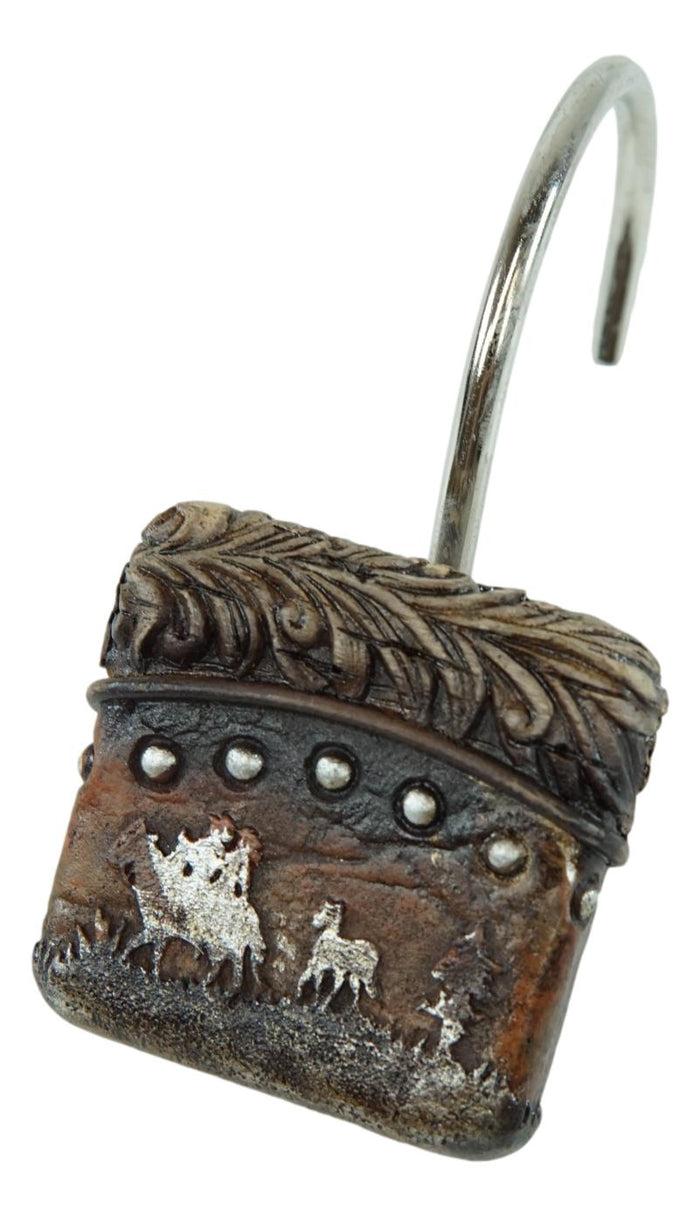 Ebros Gift Rustic Western Cowboys On Horses Faux Leather Bathroom Shower Curtain Hooks 12pk