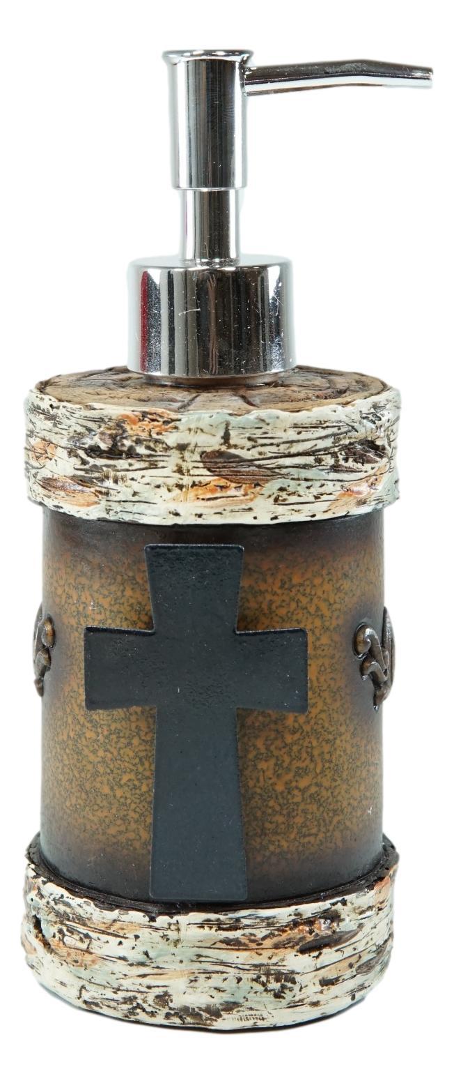 Ebros Gift Rustic Western Cross With Birchwood Accent Liquid Soap Or Lotion Pump Dispenser