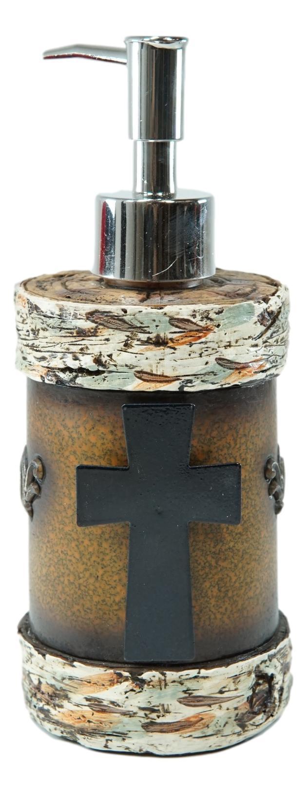 Ebros Gift Rustic Western Cross With Birchwood Accent Liquid Soap Or Lotion Pump Dispenser