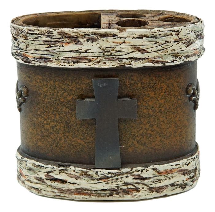 Ebros Gift Rustic Western Cross With Birchwood Accent Soap Dish Toothbrush Holder Cup Set