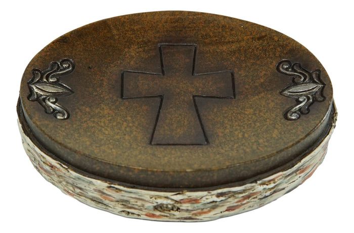 Ebros Gift Rustic Western Cross With Birchwood Accent Soap Dish Toothbrush Holder Cup Set