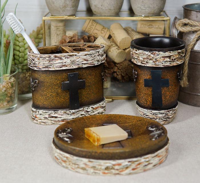 ebros gift Rustic Western Cross With Birchwood Accent Soap Dish Toothbrush Holder Cup Set