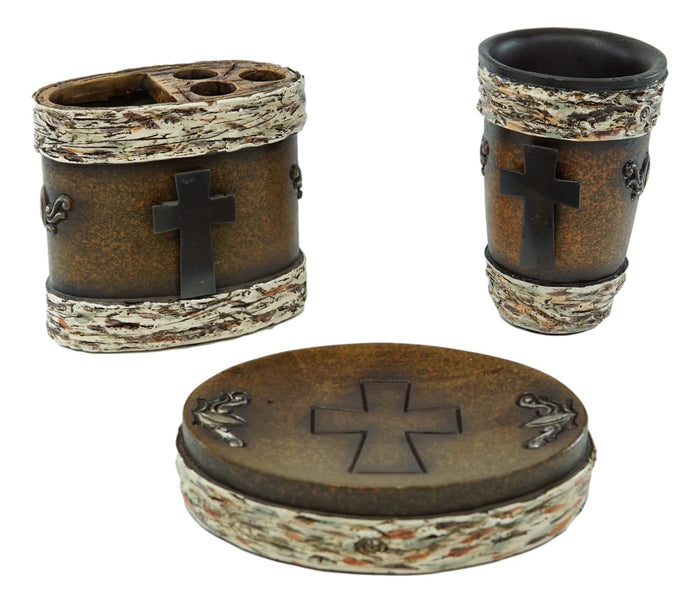 Ebros Gift Rustic Western Cross With Birchwood Accent Soap Dish Toothbrush Holder Cup Set
