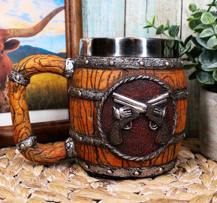 ebros gift Rustic Western Crossed Dual Revolver Pistol Guns In Faux Wood Bourbon Barrel Mug