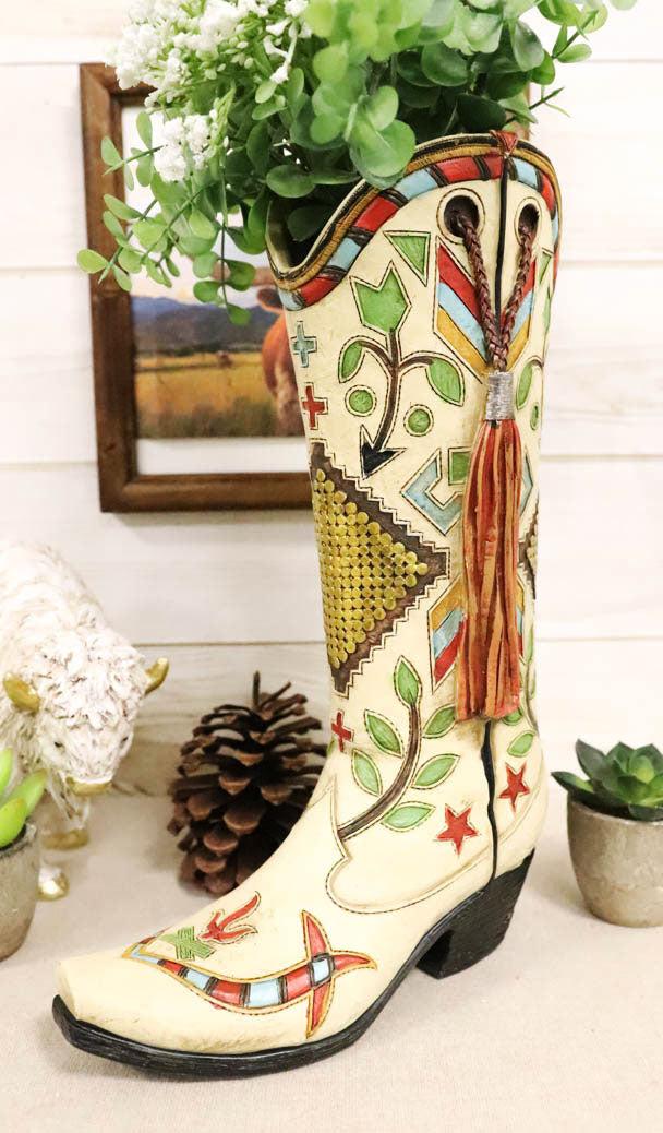 ebros gift Rustic Western Crosses Arrows Stars Tassel Frills Cowgirl Boot Vase Figurine
