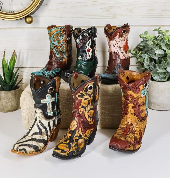 Ebros Gift Rustic Western Crosses Tooled Leather Finish Mini Cowboy Boots Figurine Set Of 6