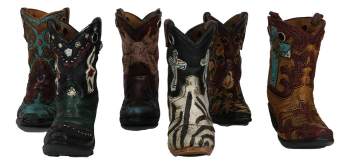 Ebros Gift Rustic Western Crosses Tooled Leather Finish Mini Cowboy Boots Figurine Set Of 6