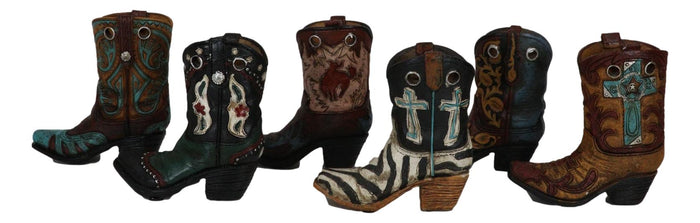 Ebros Gift Rustic Western Crosses Tooled Leather Finish Mini Cowboy Boots Figurine Set Of 6