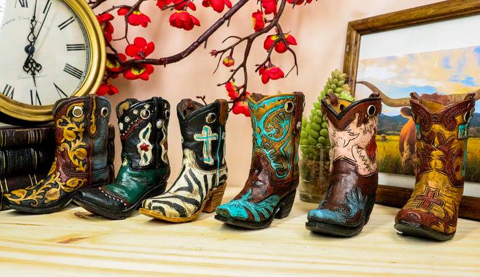 ebros gift Rustic Western Crosses Tooled Leather Finish Mini Cowboy Boots Figurine Set Of 6