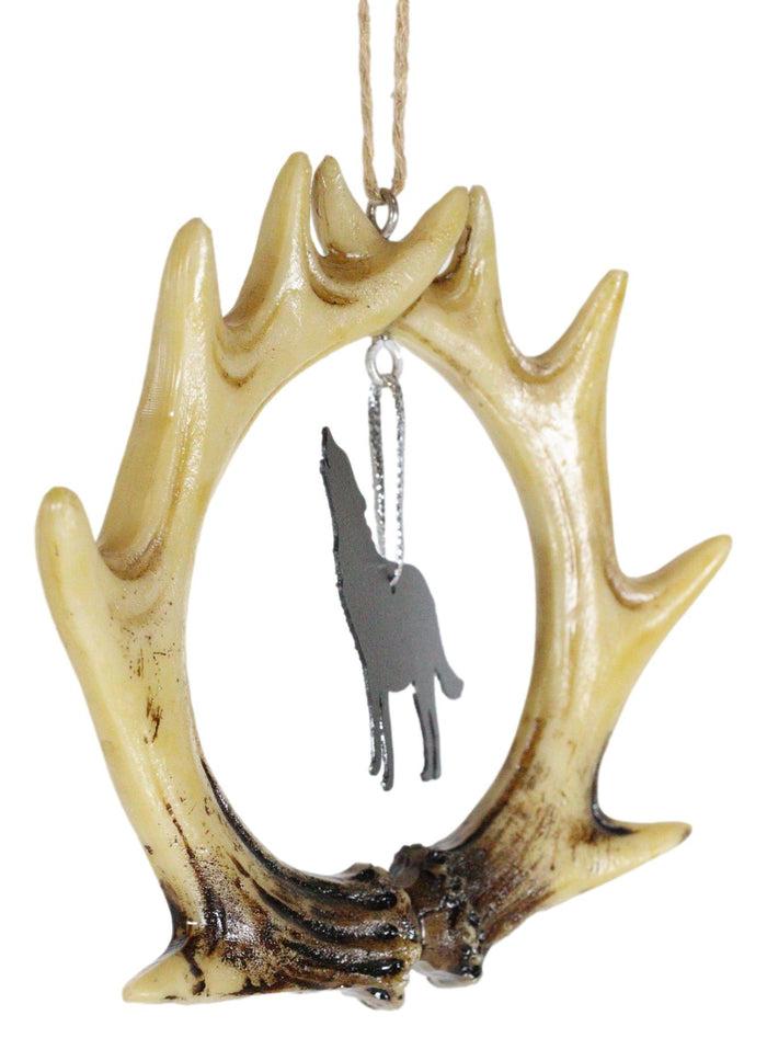 Ebros Gift Rustic Western Deer Antlers Howling Gray Wolf Set Of 2 Christmas Tree Ornaments