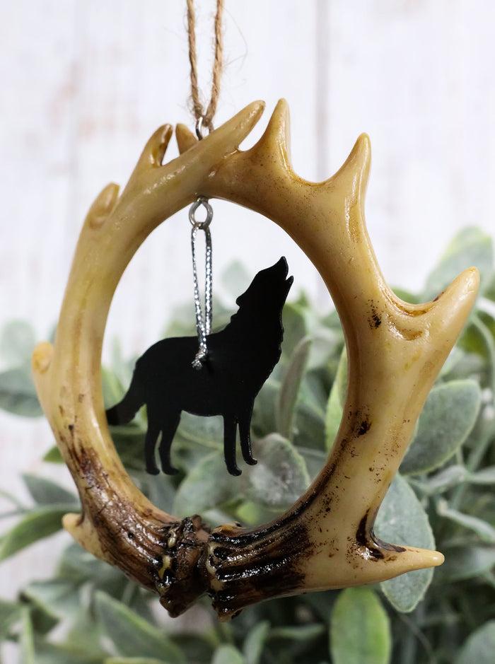 ebros gift Rustic Western Deer Antlers Howling Gray Wolf Set of 2 Christmas Tree Ornaments