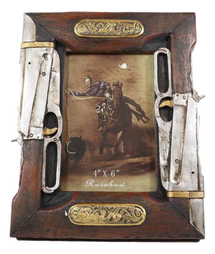 Ebros Gift Rustic Western Double Rifle Guns Faux Wood 4"X6" Desktop Or Wall Picture Frame
