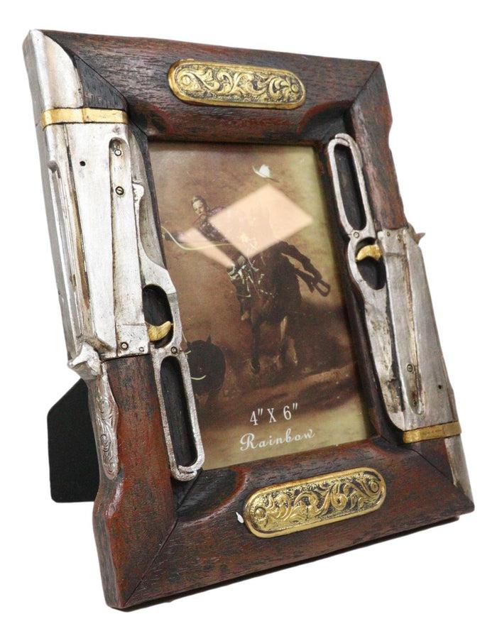 Ebros Gift Rustic Western Double Rifle Guns Faux Wood 4"X6" Desktop Or Wall Picture Frame