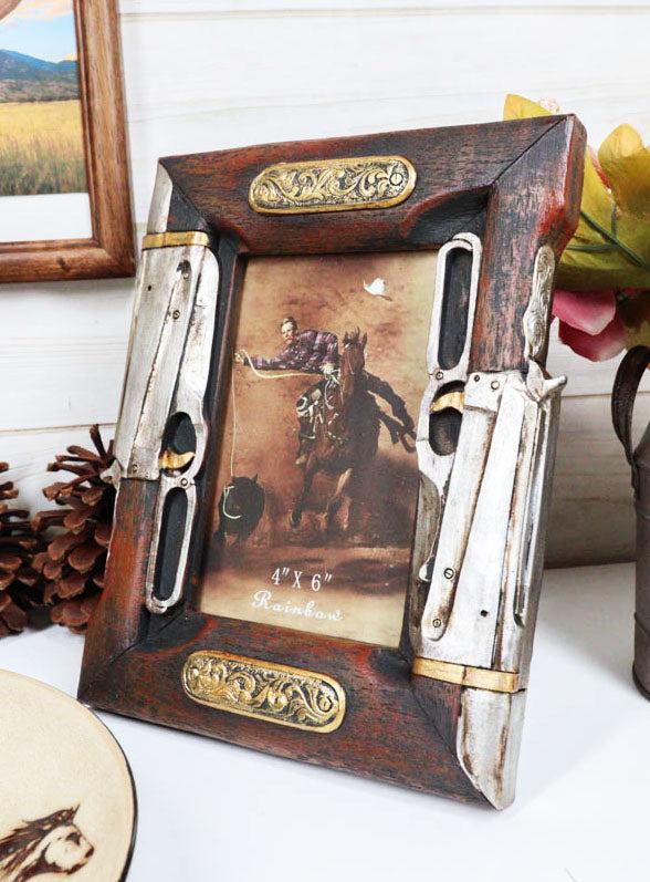 ebros gift Rustic Western Double Rifle Guns Faux Wood 4"X6" Desktop Or Wall Picture Frame