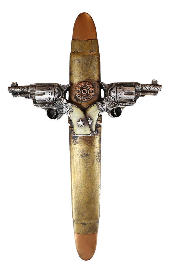 Ebros Gift Rustic Western Dual Handgun Pistols With 12 Gauge Bullet Shell Casing Wall Cross
