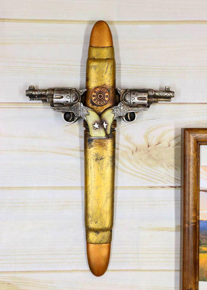 ebros gift Rustic Western Dual Handgun Pistols with 12 Gauge Bullet Shell Casing Wall Cross