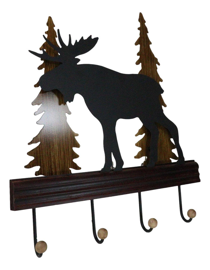 Ebros Gift Rustic Western Elk Moose Deer Roaming Pine Forest 4-Peg Wooden Wall Hooks Plaque