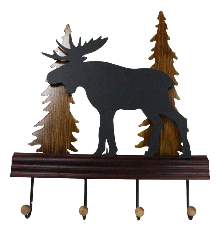ebros gift Rustic Western Elk Moose Deer Roaming Pine Forest 4-Peg Wooden Wall Hooks Plaque