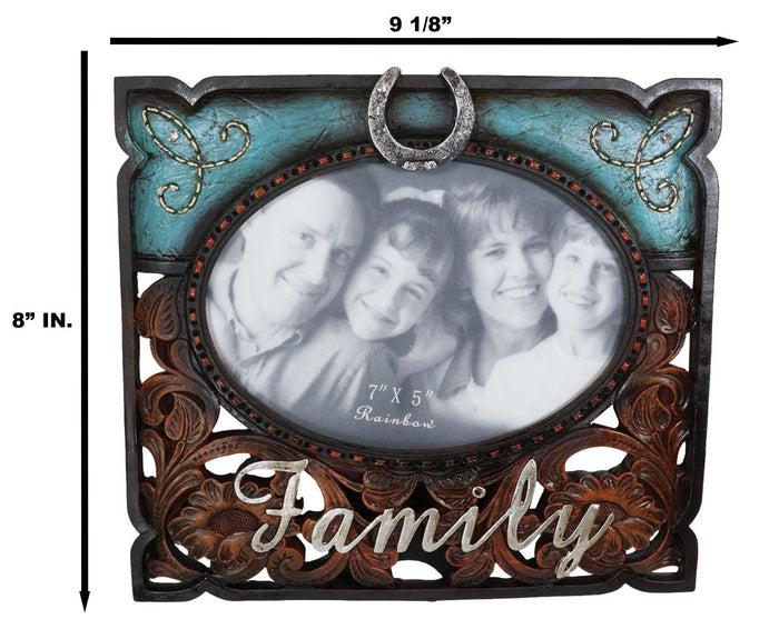 Ebros Gift Rustic Western Family Horseshoe Turquoise Faux Tooled Leather 5X7 Picture Frame