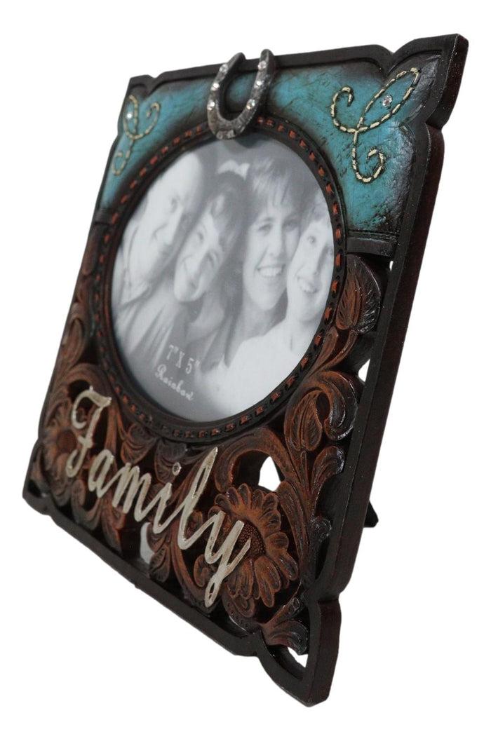 Ebros Gift Rustic Western Family Horseshoe Turquoise Faux Tooled Leather 5X7 Picture Frame