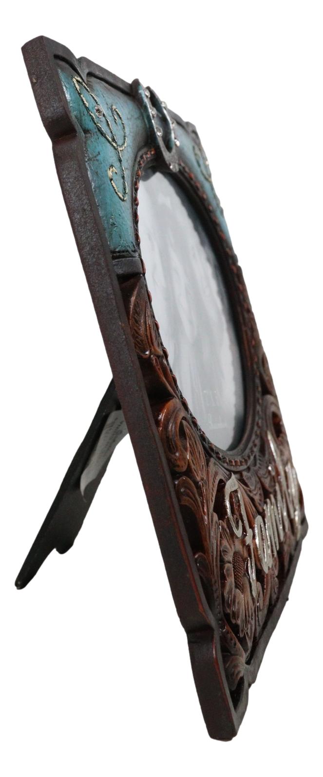 Ebros Gift Rustic Western Family Horseshoe Turquoise Faux Tooled Leather 5X7 Picture Frame