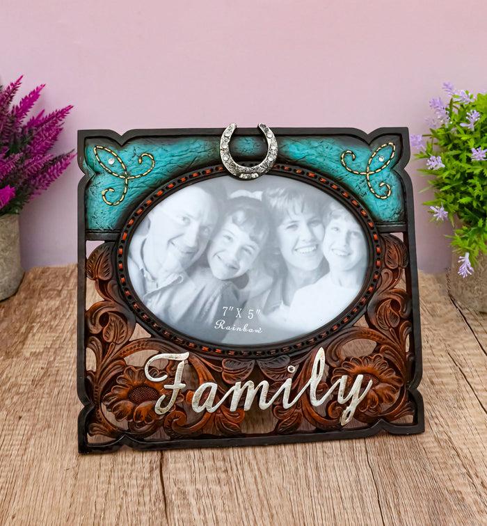ebros gift Rustic Western Family Horseshoe Turquoise Faux Tooled Leather 5X7 Picture Frame