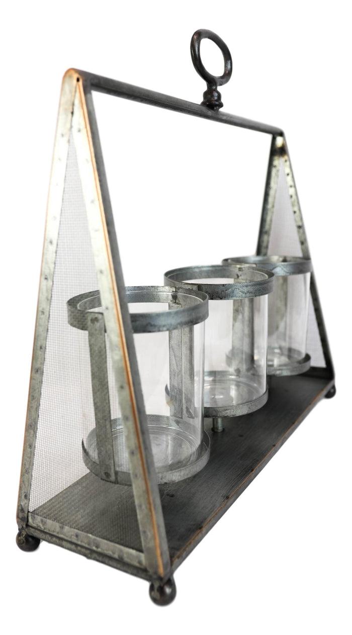 Ebros Gift Rustic Western Farmhouse Galvanized Metal Triple Pillar Candleholder Trapezium