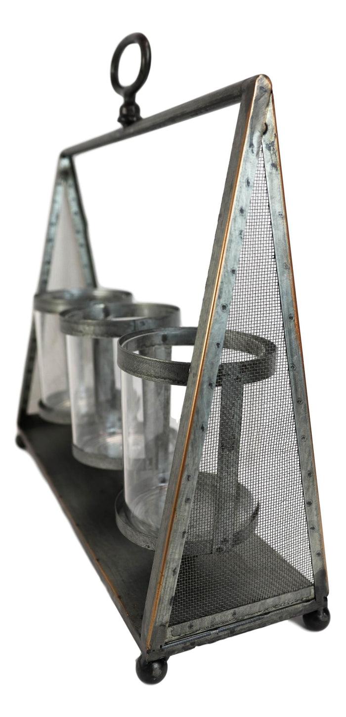 Ebros Gift Rustic Western Farmhouse Galvanized Metal Triple Pillar Candleholder Trapezium